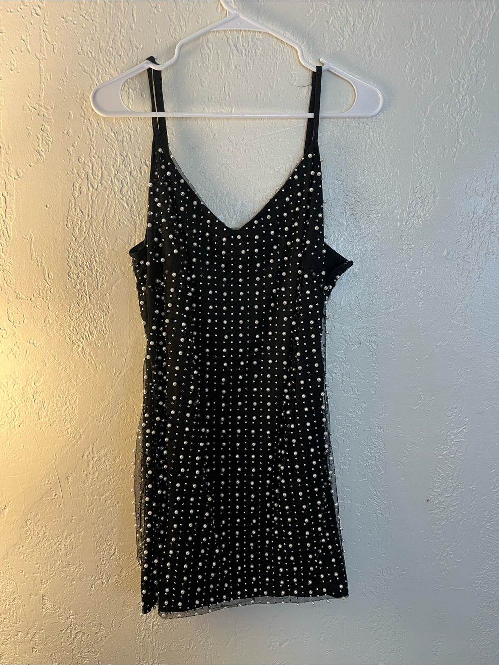 Black Embellished Pearl Spaghetti-Strap Dress